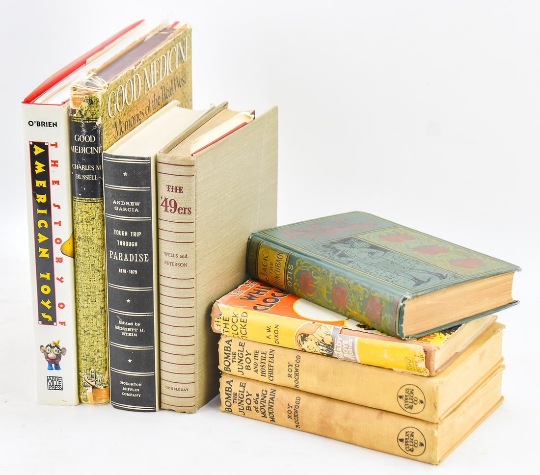ASSORTMENT OF 8 BOOKS: An assortment of eight books including "Jack The Hunchback" written by James Otis in 1892, "The Hardy Boys: While The Clock Ticked" written by Franklin W. Dixon in 1932, "Bomba the Jungle Boy and the 