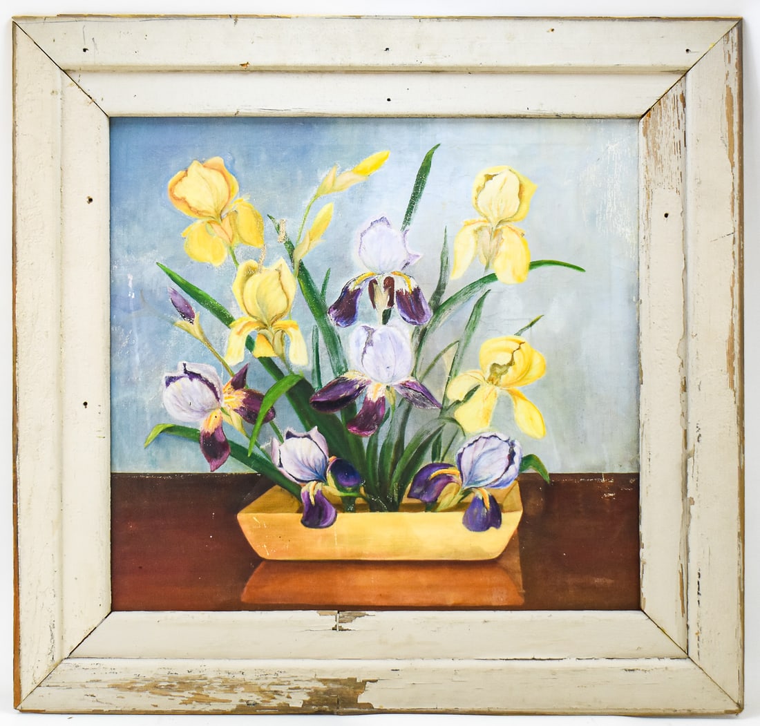 "IRISES" OIL PAINTING ON CANVAS: This is an original oil painting on canvas featuring a colorful array of iris flowers. The art measures approx. 25" H x 27" W and is presented in a frame measuring approx. 36" H x 37.5" W x 2" D.