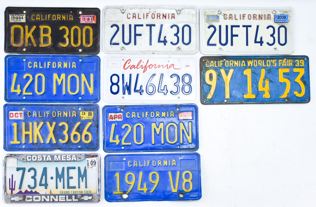 CALIFORNIA AND ARIZONA LICENSE PLATE COLLECTION: This collection consists of 9 California license plates and 1 Arizona plate. 5 of the California plates are the blue with yellow lettering dating them to the 1970's-1980's. 1 California plate is black