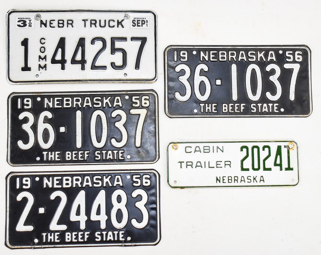 NEBRASKA LICENSE PLATE COLLECTION: This collection consist of 5 license plates from Nebraska. 2 of the plates are matching from 1950's-60's with the slogan "THE BEEF STATE". Another plate is similar except it has a different number fro