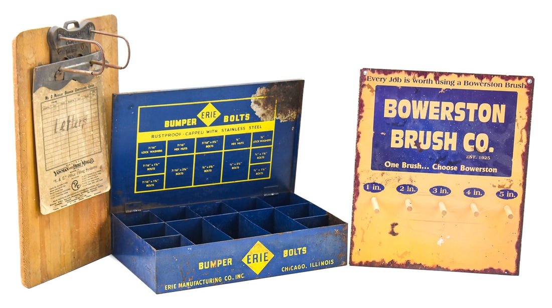 ASSORTMENT OF ADVERTISING: BOWERSTON BRUSH CO., ROCKWELL-BARNES CO., ERIE: An assortment of antique and vintage advertising including an Erie Bumper Bolts steel box circa mid-20th century, a Rockwell-Barnes Company clipboard with a Yawman and Erbe Manufacturing Shannon