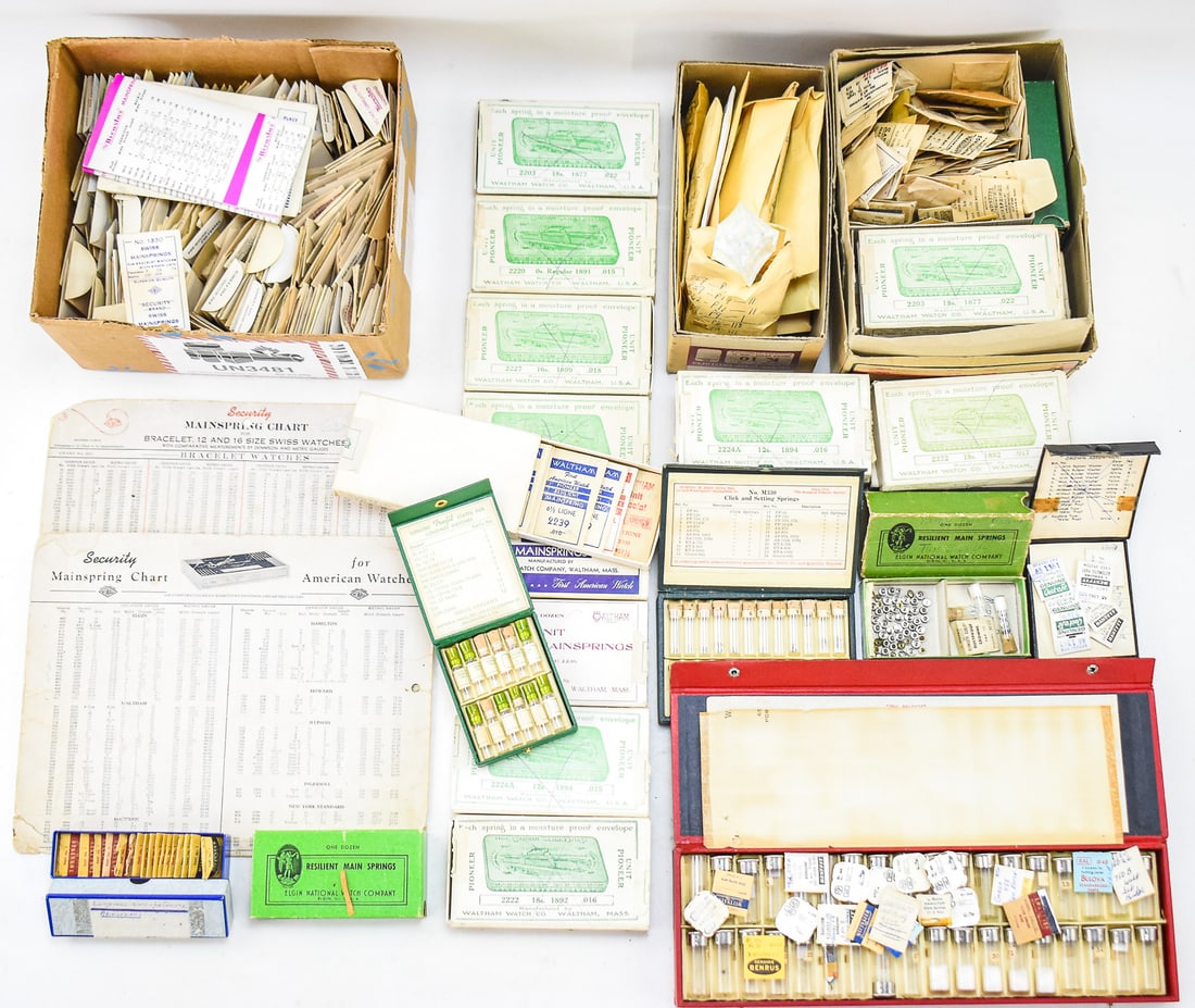 POCKET WATCH AND WRISTWATCH PARTS: SPRINGS: A large assortment of new old stock pocket watch and wristwatch parts including mainsprings, set springs, click springs, watch mainspring charts, and assorted set screws for watches including