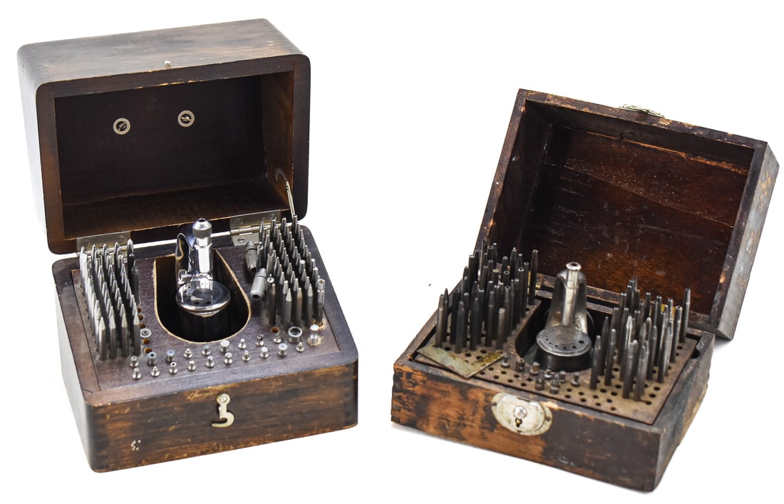 WATCHMAKER STAKING TOOL SET: KENDRICK & DAVIS SERIES "600", MARCO GERMANY: A pair of watchmaker staking tool sets. The first is a Kendrick and Davis series "600" and the second is made by Marco of Germany. The Kendrick and Davis set is missing a few punches, and the Marco
