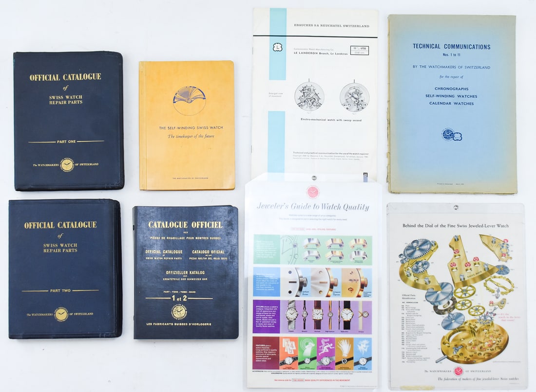 LOT OF SWISS WATCH REPAIR BOOKLETS FROM 1950'S: This lot includes the Official Catalogue of Swiss Watch Repair Parts part one printed in 1948, part two printed in 1949 and parts one and two combined printed in 1955 as well as The Self-Winding
