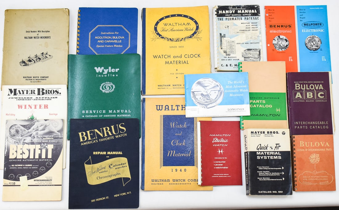 LOT OF WATCH REPAIR MANUALS & PARTS CATALOGS: This mixed lot includes catalogs and manuals from the companies Longines-Wittnauer Watch Co., Mayer Brothers, Accutron, Bulova, Caravelle, C. & E. Marshall Co., Hamilton Watch Co., Benrus,