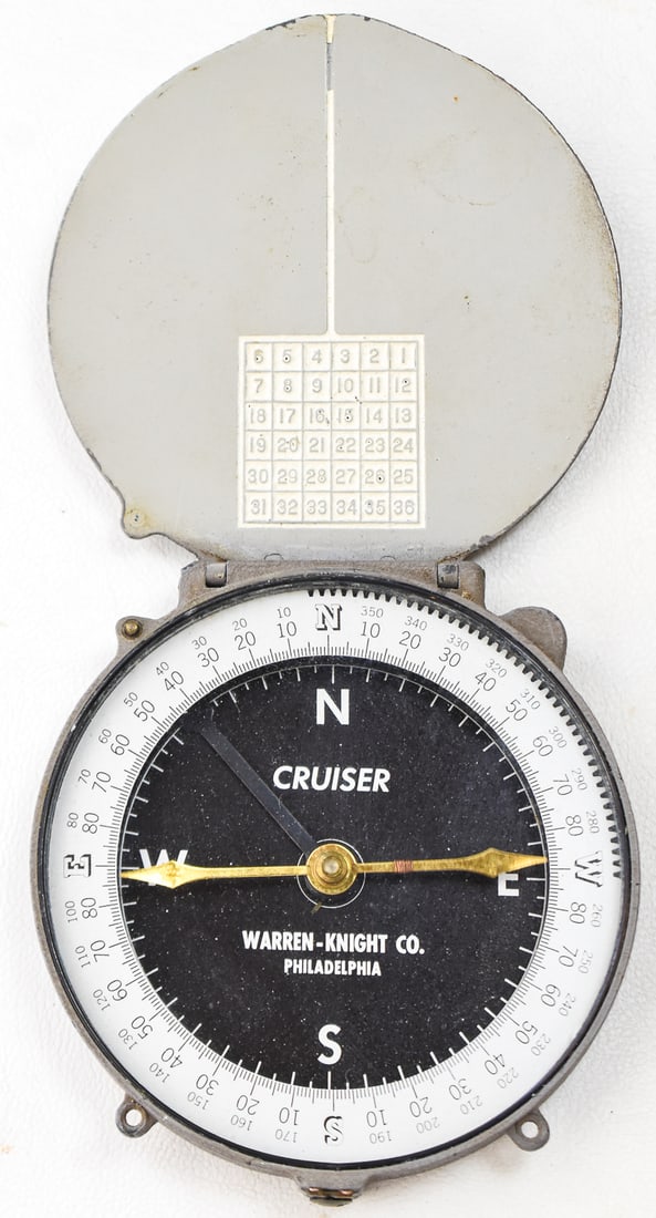 WARREN-KNIGHT COMPANY CRUISER NO. 110 SURVEY COMPASS: A Warren-Knight Company Cruiser No. 110 survey compass, made circa mid-20th century. These were specialty tools made specifically for the forestry industry for land surveying. The compass measures