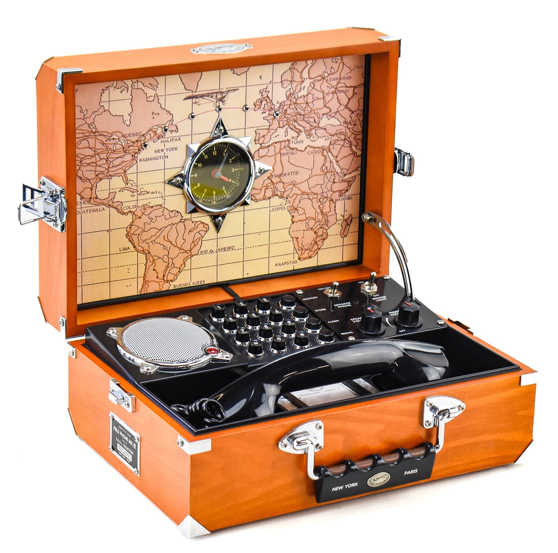SPIRIT OF ST. LOUIS COLLECTION FIELD PHONE MK IV: A Spirit of St. Louis Collection field phone MK IV in wooden case. The item measures 5.5" H, 12.5" W, 9" D.