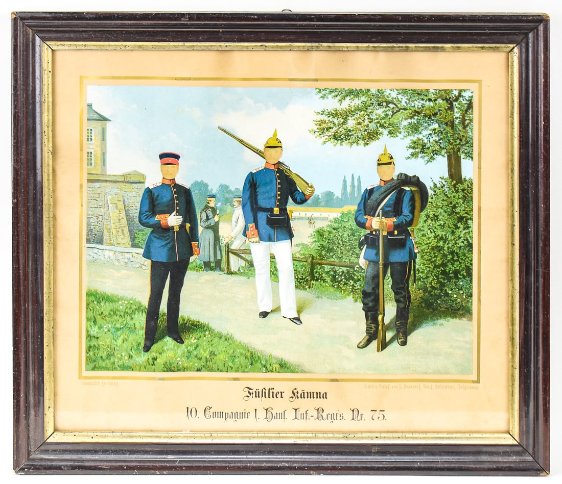 PRUSSIAN "FUHLIER KAMNA" MIXED MEDIA ART: This Prussian mixed media work on paper featuring a group of military soldiers is titled "Fuhlier Kamna". It was printed and published by L. Keseberg, Purveyor to the Royal Court, Hofgeismar. The art