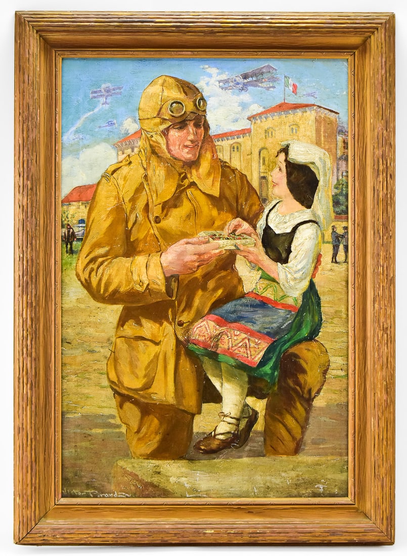 'WWI PILOT' OIL PAINTING ON CANVAS BOARD: This original oil painting on canvas board by listed artist, Victor Semon Perard (CA, NY, FR, 1870 - 1957) is signed in the lower left. It features a war time scene of a WWI American Pilot giving cand