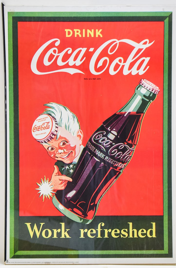 DRINK COCA-COLA, WORK REFRESHED POSTER: This poster is a reproduction of a 1940's Coke ad that was printed in 1996 in Italy. It features the Sprite Boy character and the slogan "Work Refreshed" and measures approx. 36" H x 24" W x 0.5" D
