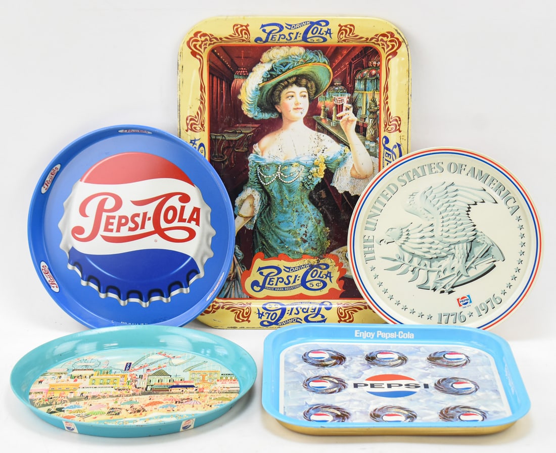 LOT OF PEPSI-COLA TRAYS: Five unique Pepsi-Cola Trays: Victorian lady design from 1982, United States 200th Anniversary design from 1976, bottle cap design circa 1950, Coney Island beach scene from 1955, and ice box design