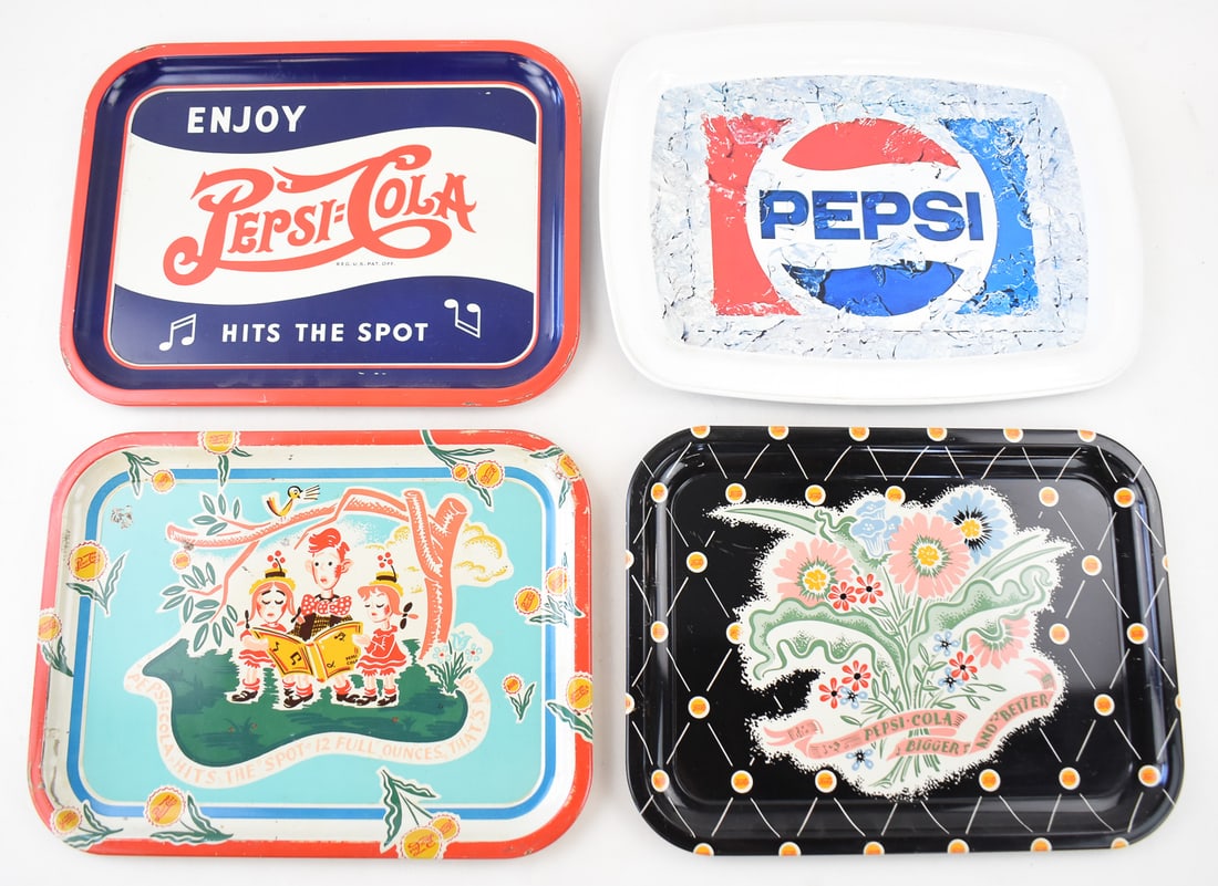 4 PEPSI-COLA METAL DRINK TRAYS, C. MID-20TH CENTURY: An assortment of four Pepsi-Cola metal drink trays including a "Enjoy Pepsi:Cola, Hits the Spot" tray circa 1940s-1950s, a "Hits the Spot, 12 Full Ounces That's a Lot" tray circa 1940s, a "Bigger and