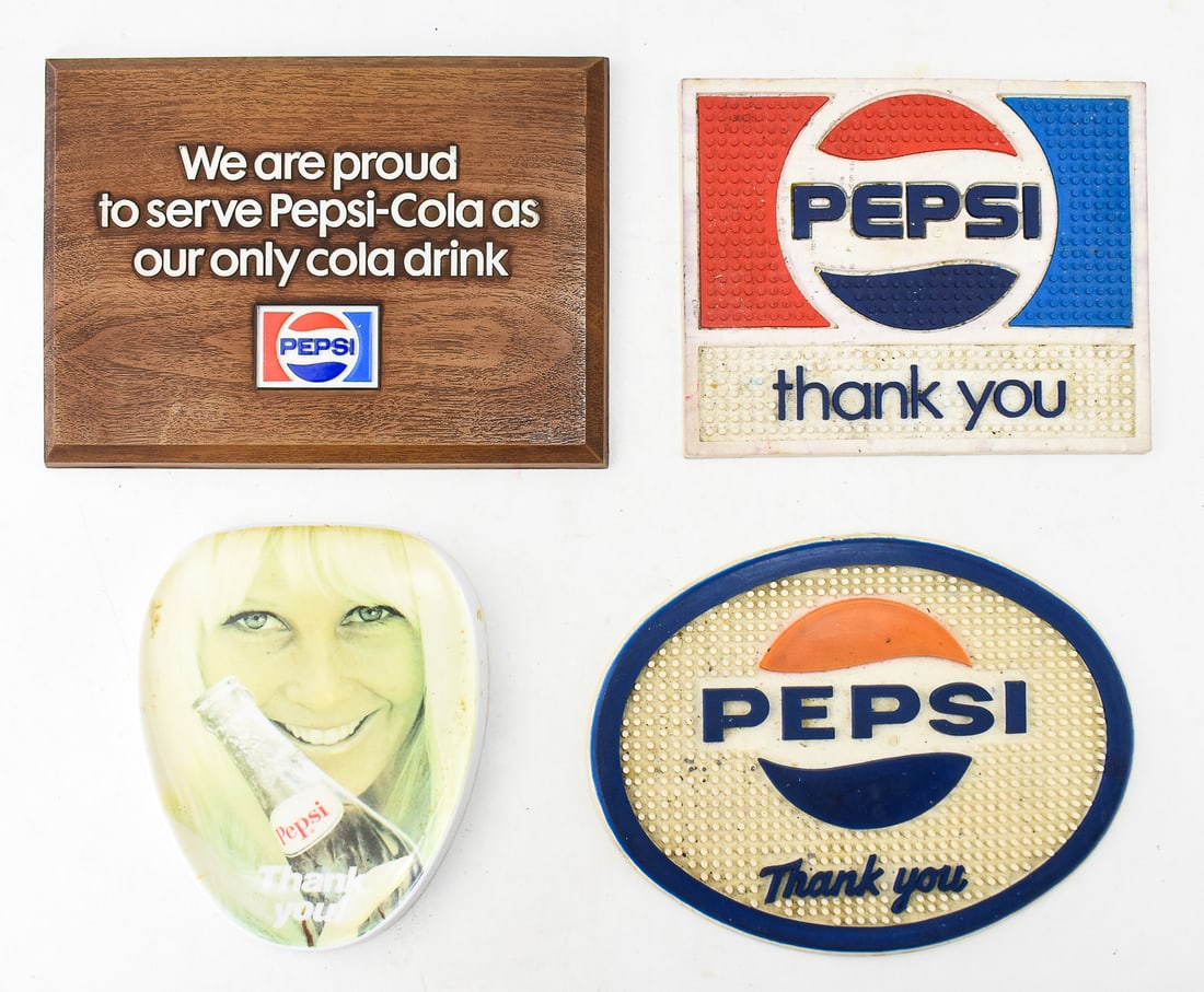 LOT OF PEPSI-COLA CHANGE MATTS & TRAY: Includes two rubber change matts, one plastic change tray and a wooden plaque indicating only Pepsi products to be sold. The largest item measures approximately 8.5" H x 12" W x 1" D.