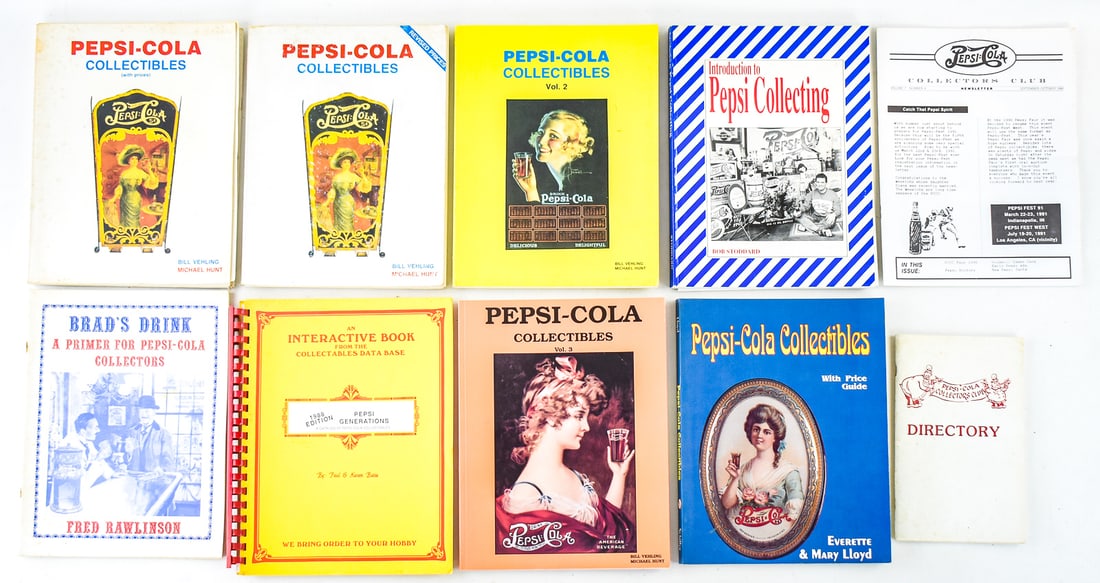 LOT PEPSI-COLA COLLECTORS GUIDE BOOKS: Includes ten total Pepsi-Cola Collectors books and pamphlets published from 1976- 1993. Titles include "A Primer for Pepsi-Cola Collectors", "Pepsi-Cola Collectibles" volumes 1-4, "An Interactive Book