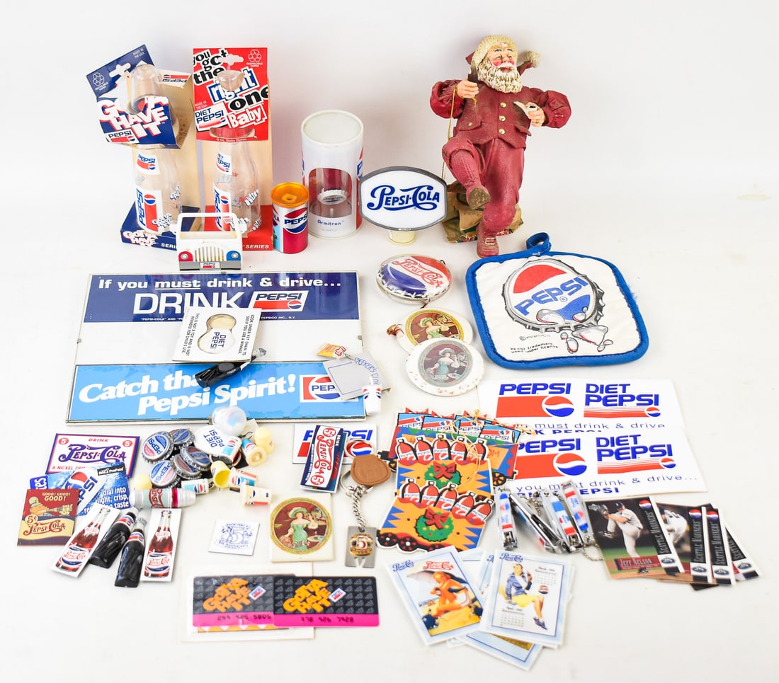 ASSORMENT OF PEPSI ADVERTISING COLLECTIBLES: NORMAN ROCKWELL PEPSI SANTA, BABY BOTTLES, & MORE (1 of 3)