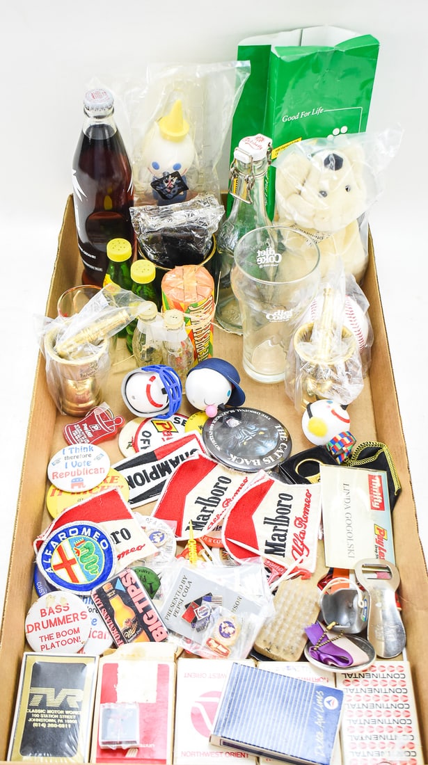 LARGE COLLECTION OF ADVERTSING MARLBORO, JACK-N-THE-BOX, SEAHAWKS, COCA-COLA & MORE: A large collection of vintage assorted advertising collectables which includes; bottles, salt & pepper shakers, patches, buttons, playing cards, keychains, antenna toppers, and more. The largest i