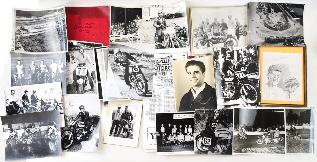 1940s-1960s MOTORCYCLE RACING PHOTOS, SOME AUTOGRAPHED: CLIF MAJHOR, CLIFF "RED" FARWELL: A large assortment of motorcycle racing photos, majority appear to be from Portland, Oregon and some from Daytona, dating through the 1940s-1960s. Some of the photos are autographed by racers Clif Maj
