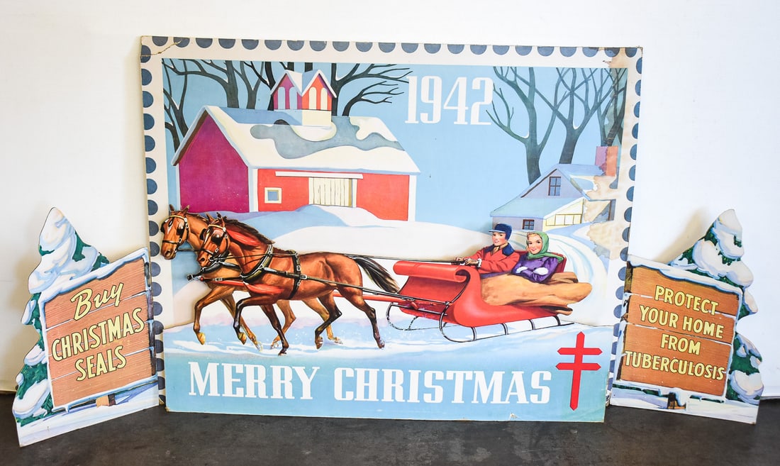 1942 CHRISTMAS SEALS ADVERTISING CARDBOARD DISPLAY FOR THE NATIONAL TUBERCULOSIS ASSOCIATION (1 of 2)