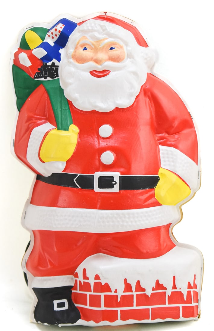 THE GLOLITE CORPORATION LIGHTED PLASTIC SANTA CLAUS: The Glolite Corporation lighted plastic Santa Claus with an option to either stand or hang-up the item, circa mid 20th century. The item measures 20" H, 12" W, 3" D.