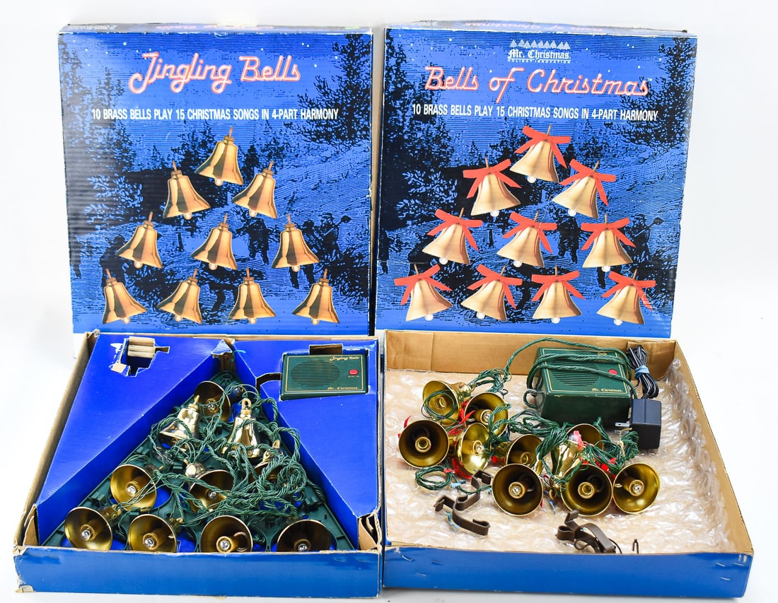 PAIR OF BOXED "MR. CHRISTMAS JINGLING BELLS" MUSICAL BRASS BELLS (1 of 1)