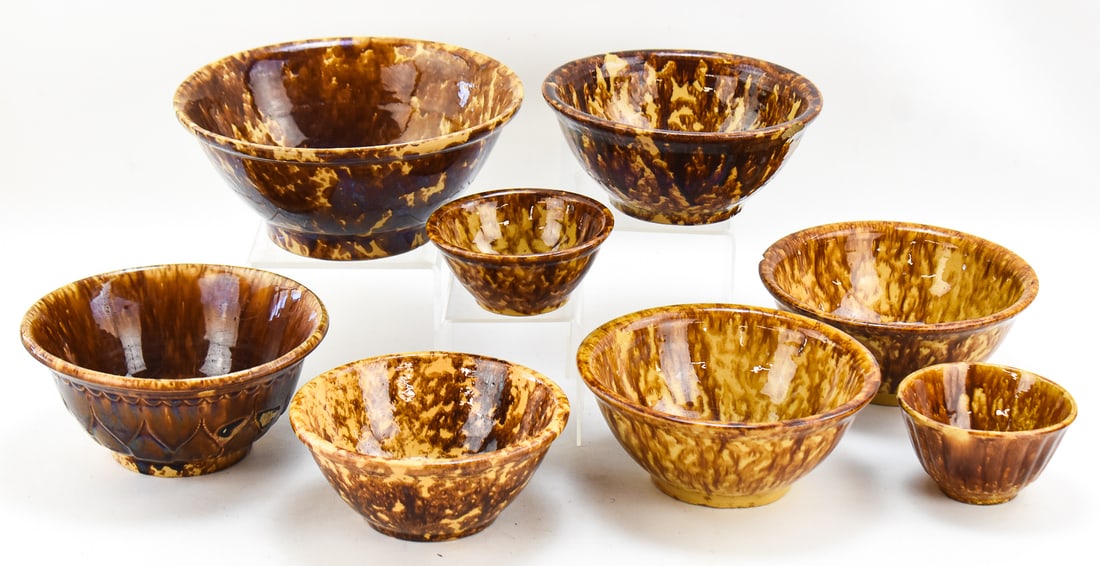 EIGHT NESTING AMERICAN ROCKINGHAM STYLE SPONGEWARE MIXING BOWLS (1 of 5)