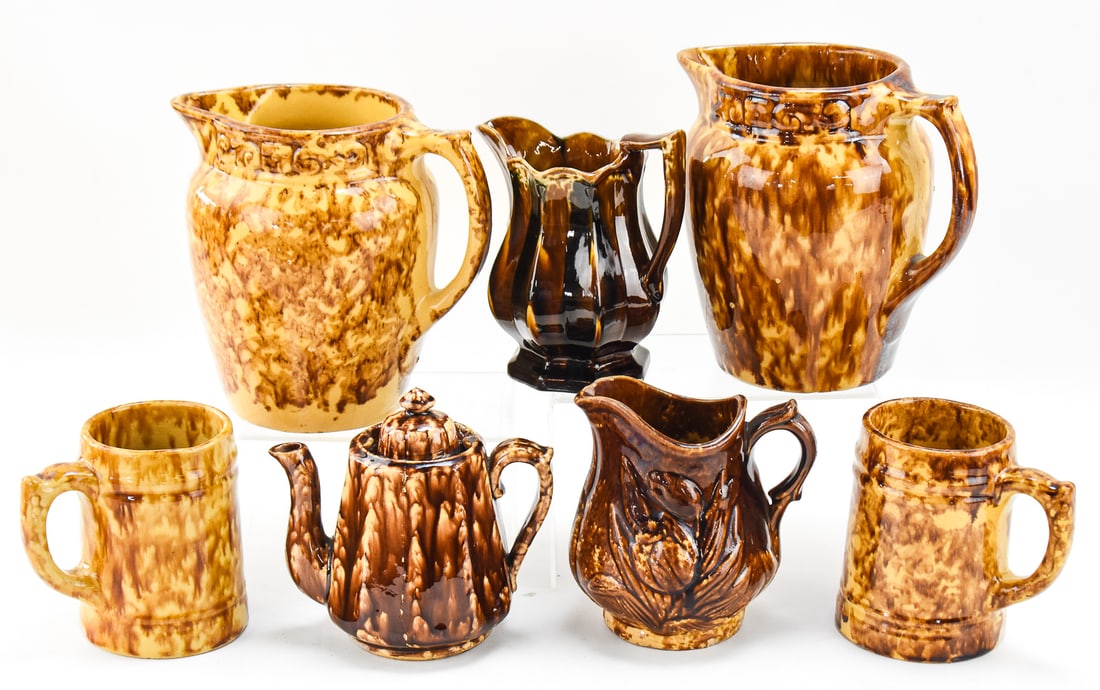 AMERICAN ROCKINGHAM STYLE POTTERY: PITCHERS, MUGS, AND TEAPOT (1 of 4)