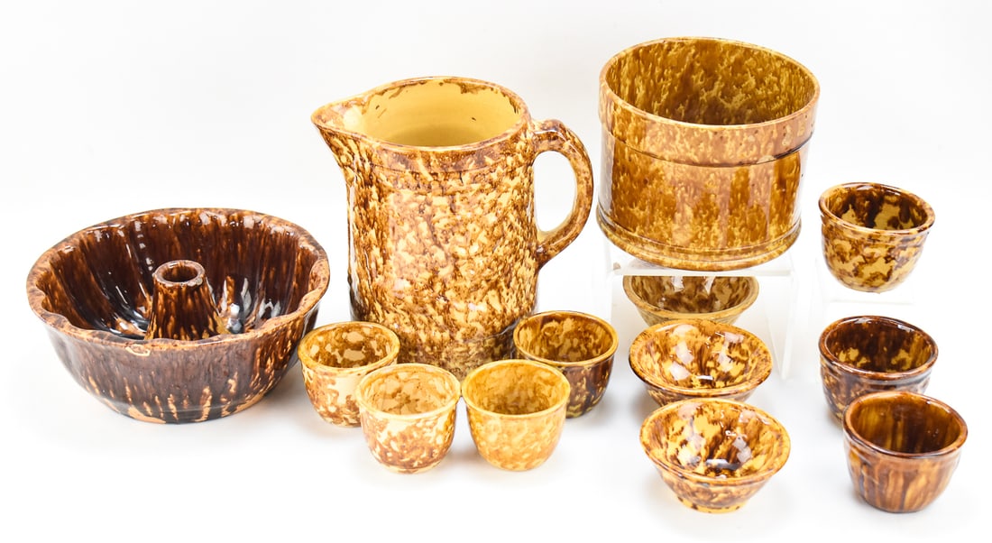 AMERICAN ROCKINGHAM-GLAZED YELLOW WARE: BUNDT CAKE MOLD, STORAGE CROCK, AND MROE (1 of 3)