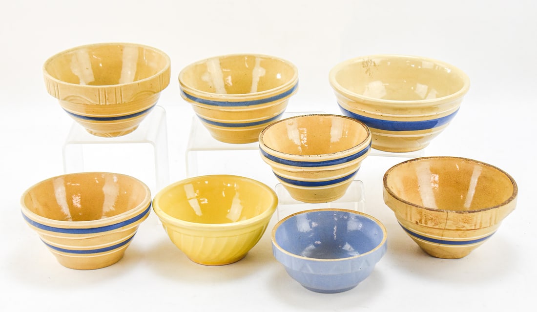 EIGHT WATT POTTERY "OVENWARE" MIXING BOWLS: This lot includes eight Watt Pottery marked "Ovenware" mixing bowls in sizes 4-5, from early-mid 20th century. The largest item measures approx. 4.5" H x 6" W x 6" D.