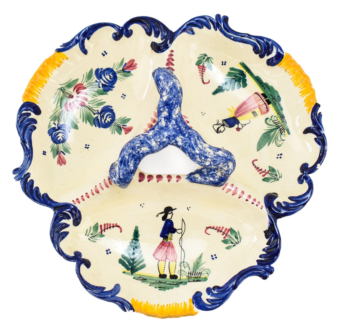 HB FACTORY QUIMPER FRENCH FAIENCE THREE-PART TREFOIL SERVING PLATTER: A La Hubaudiere (HB) factory (Quimper, France) marked French faience three-part trefoil serving platter in the Petit Breton folk style and signed by the painter "CH", circa 1930. The item measures app