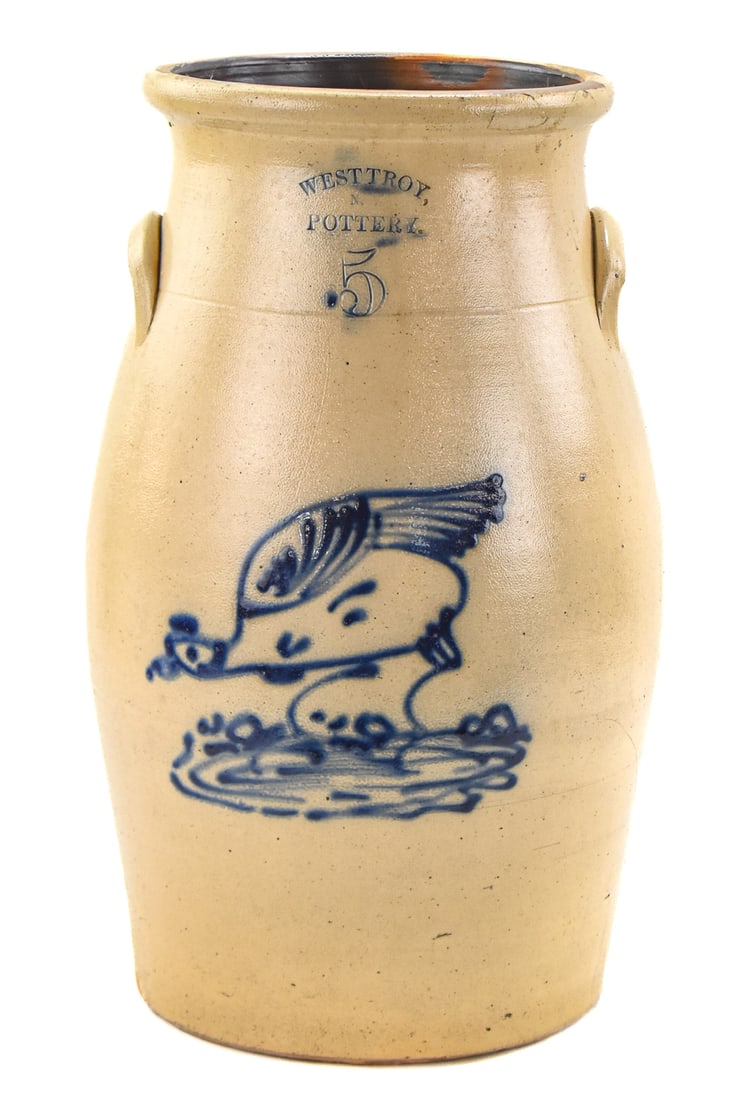 WEST TROY POTTERY FIVE-GALLON SALT-GLAZED STONEWARE CROCK