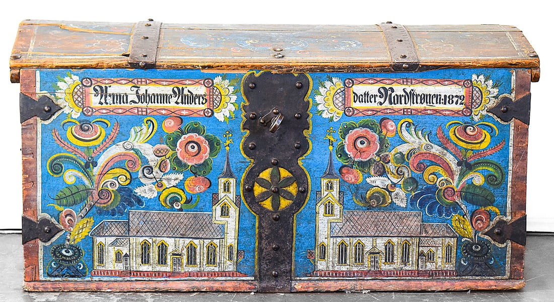 1872 INSCRIBED NORWEGIAN OS-STYLE ROSEMAILING FOLK ART DOWRY CHEST (1 of 7)