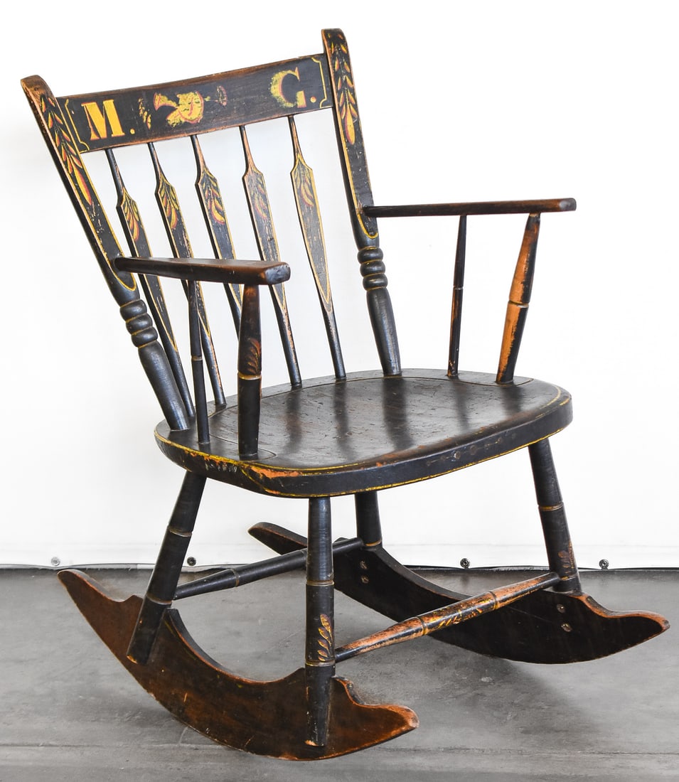 NEW ENGLAND FOLK ART HAND-PAINTED 'BOSTON' STYLE ARROW-BACK ROCKING CHAIR (1 of 4)