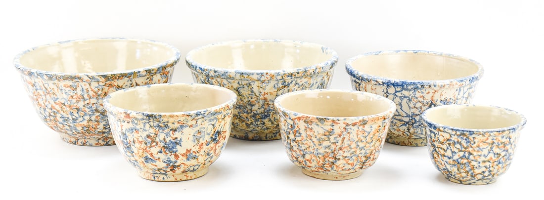 RED WING POTTERY (ATTR.) COBALT AND RUST SPONGEWARE MIXING BOWLS (1 of 5)