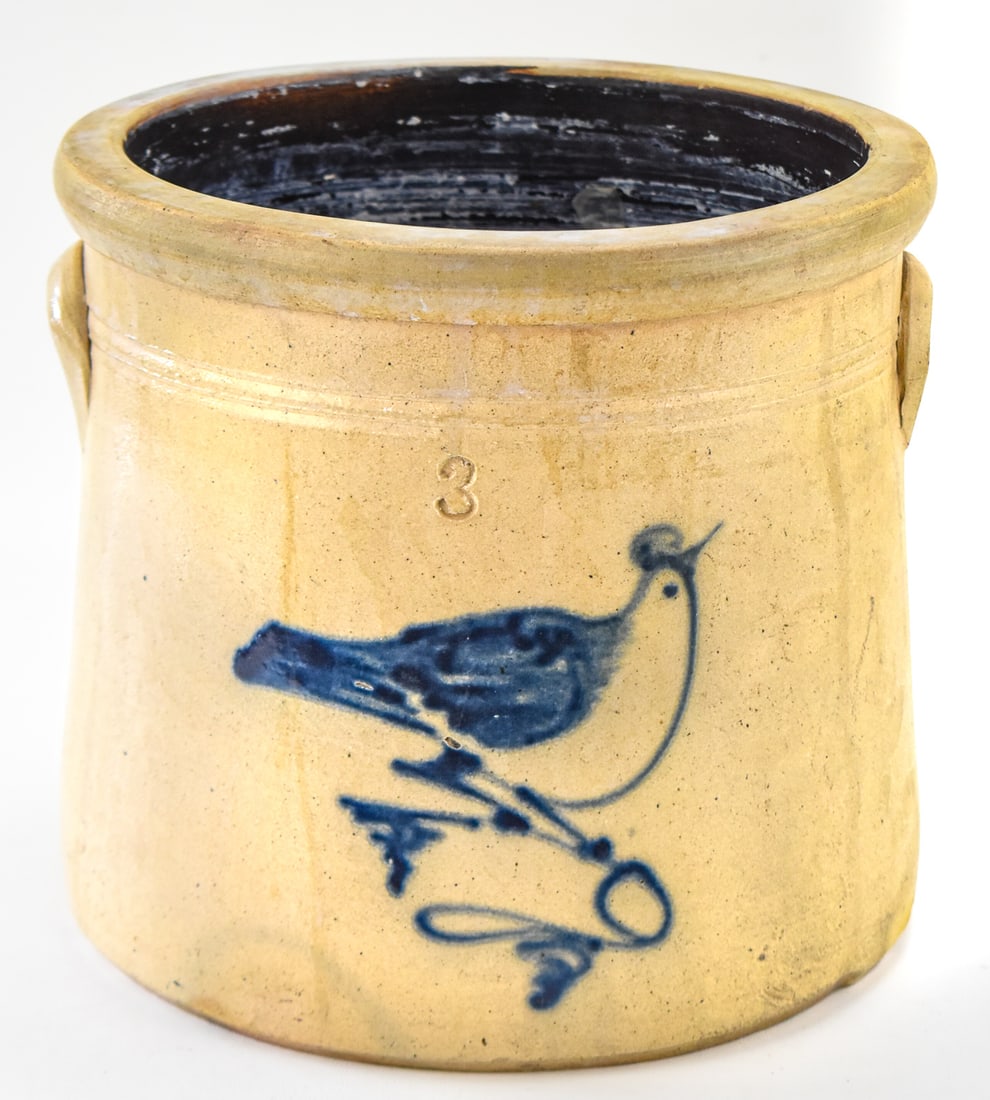 THREE-GALLON STONEWARE CROCK WITH COBALT BIRD (1 of 4)