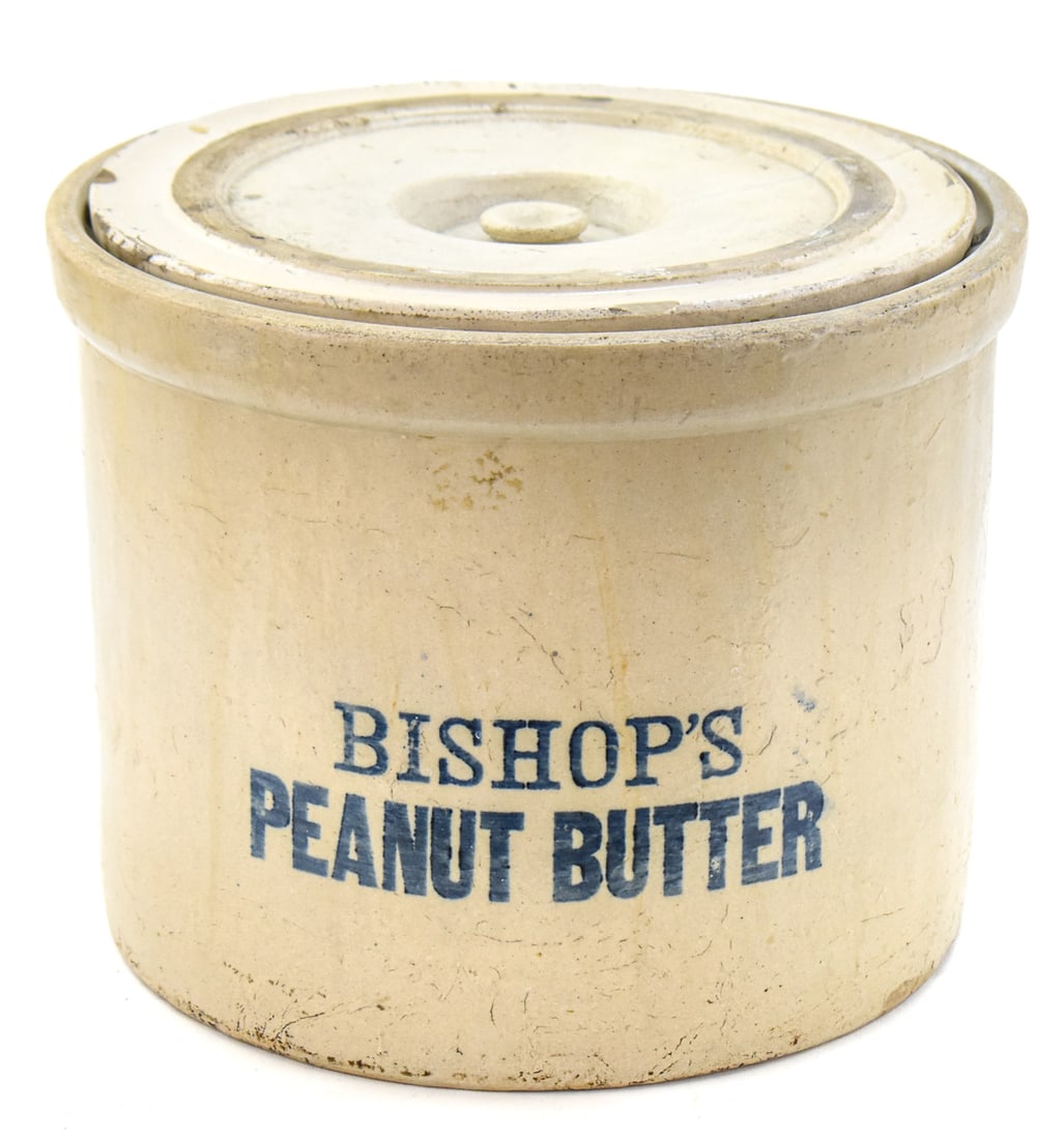 BISHOP'S 32 POUND PEANUT BUTTER STONEWARE LIDDED CROCK