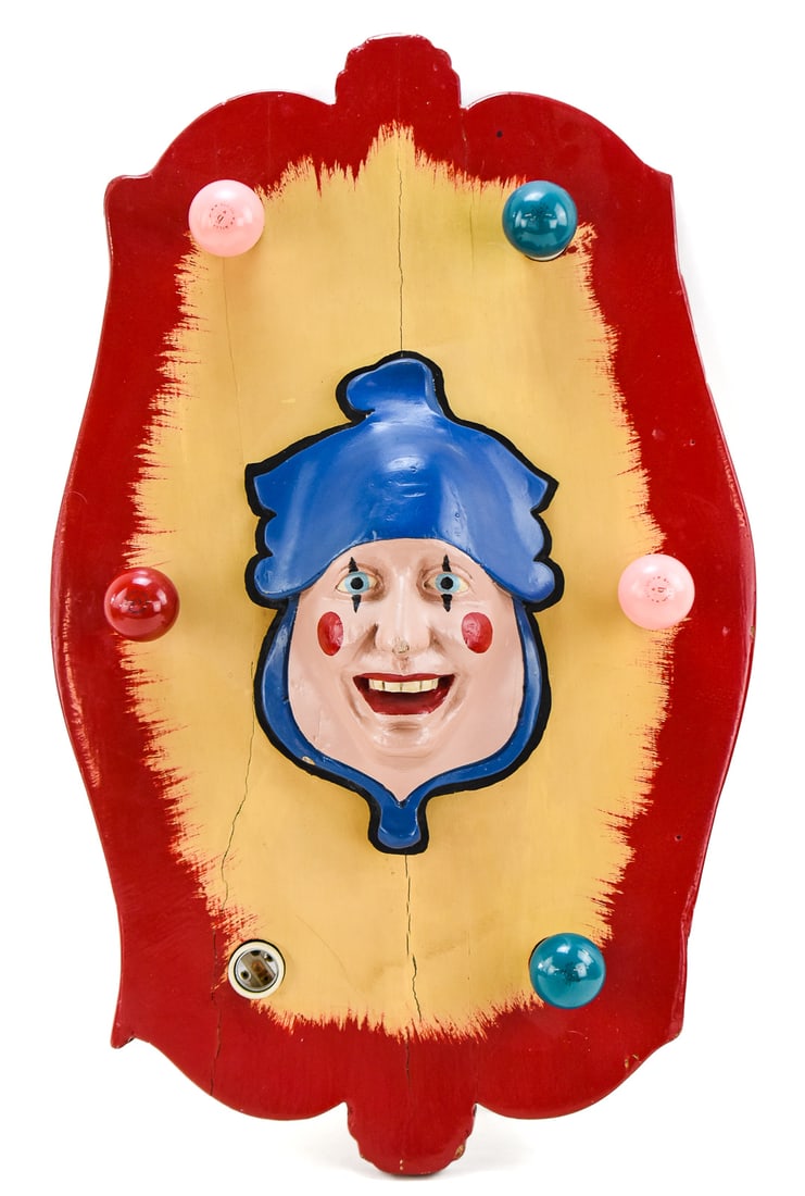 HERSCHELL-SPILLMAN COMPANY STYLE POLYCHROME LIGHTED CLOWN FLACE CAROUSEL PANEL (1 of 3)