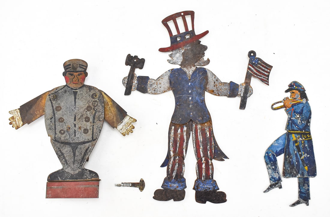 A TRIO OF PATRIOTIC METAL FOLK-ART FIGURES: LICENSE PLATE TOPPER, "UNCLE SAM" & MORE (1 of 2)