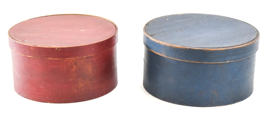 SET OF TWO PAINTED BENTWOOD PANTRY BOXES: This set includes two bentwood pantry boxes painted blue and red. Each one measures approx. 5.5" H x 10" W x 10" D.