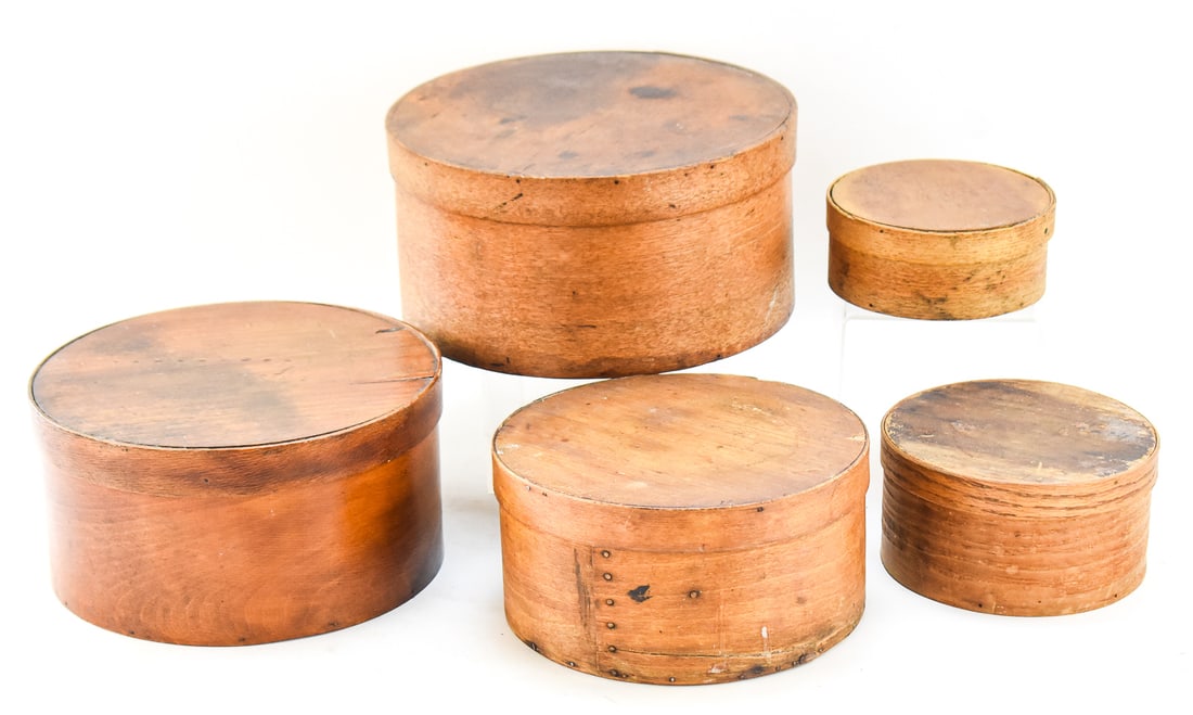 FIVE BENTWOOD PANTRY BOXES: This lot includes five pale oak color bentwood pantry boxes of various sizes, from late 19th century. The largest item measures approx. 5.5" H x 10.5" W x 10.5" D.
