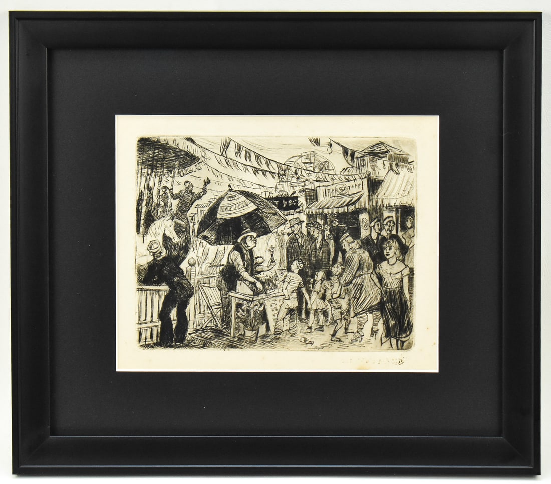 'CARNIVAL SCENE' ETCHING ON PAPER: This etching on paper features a bustling carnival scene with a carousel, families, sailors, vendors, game tents and a ferris wheel in the distance. The art measures approx. 5.5" H x 7" W and is