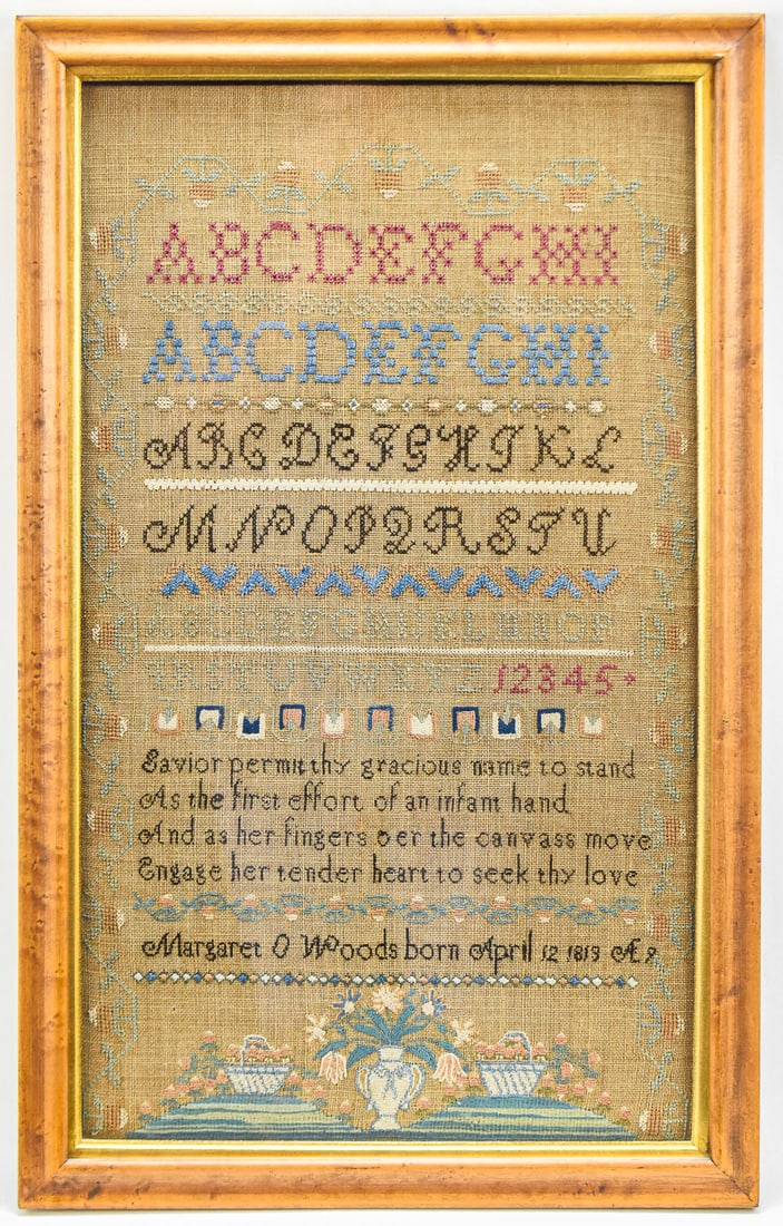 1828 SCHOOLGIRL LINEN NEEDLEPOINT ALPHABET SAMPLER (1 of 3)