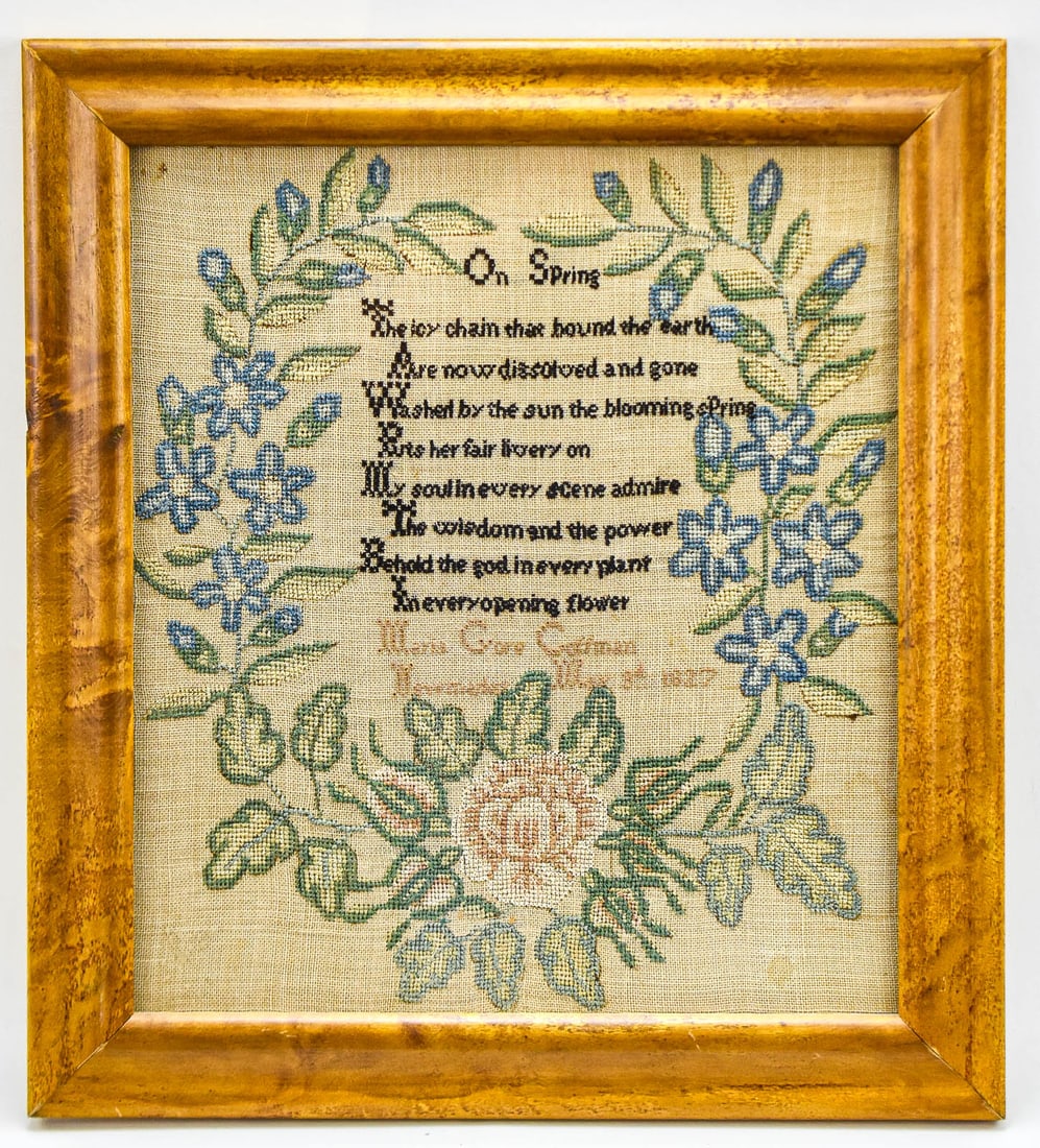 1827 SCHOOLGIRL NEEDLEWORK CROSS-STITCH SAMPLER WITH "ON SPRING" POEM: A schoolgirl linen needlework sampler by a "Maria Gore Cottman" on May 3rd, 1827 featuring a John Needham cross-stitched "On Spring" poem. The frame measures approximately 16" H x 14.5" W x 1" D.