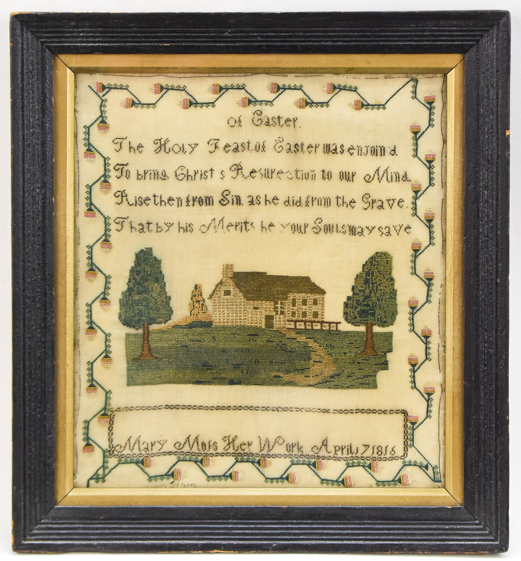 1816 SCHOOLGIRL PICTORIAL NEEDLEWORK SAMPLER WITH EASTER POEM: A 1816 schoolgirl linen needlework sampler cross-stitched by a "Mary Moss" featuring an Easter poem, floral border, and a Federal house. The frame measures approximately 14.5 H x 13.5" W x 1.5" D.