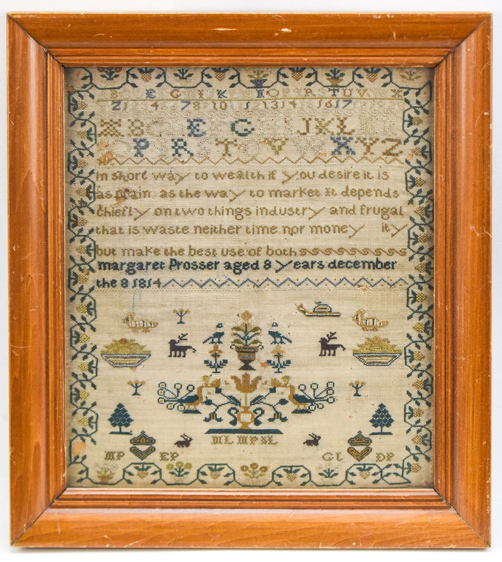 1814 LATE GEORGIAN STYLE SCHOOLGIRL NEEDLEWORK PICTORIAL SAMPLER: A 1814 Late Georgian style schoolgirl linen needlepoint pictorial sampler by a "Margaret Prosser" featuring the alphabet, Benjamin Franklin's "The Way to Wealth", animal and plants imagery, and