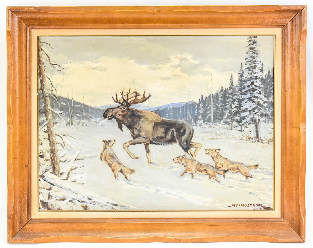 MATT LINDSTROM ORIGINAL OIL PAINTING: An original oil painting on canvas by listed artist Matt Lindstrom (1889-1975) featuring a tundra scene where a moose has been surrounded by a pack of three wolves. Signed in the lower right corner,
