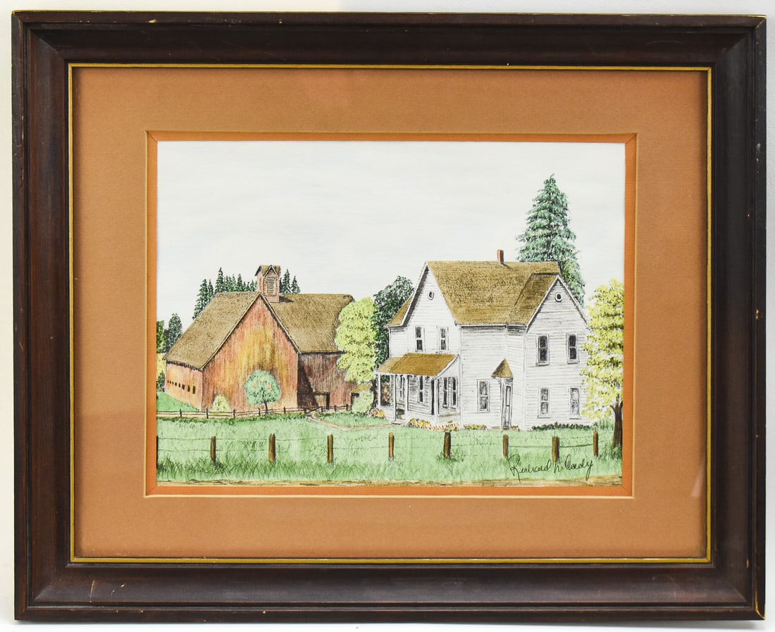 HESSE FARMS LITHOGRAPH BY RICHARD CADY 1977: This lithograph by Portland artist Richard Cady features the Hesse farmhouse and barn located on Scholl's Ferry Road. It is signed in the lower right corner and has edition numbers 461/500 and 12/50