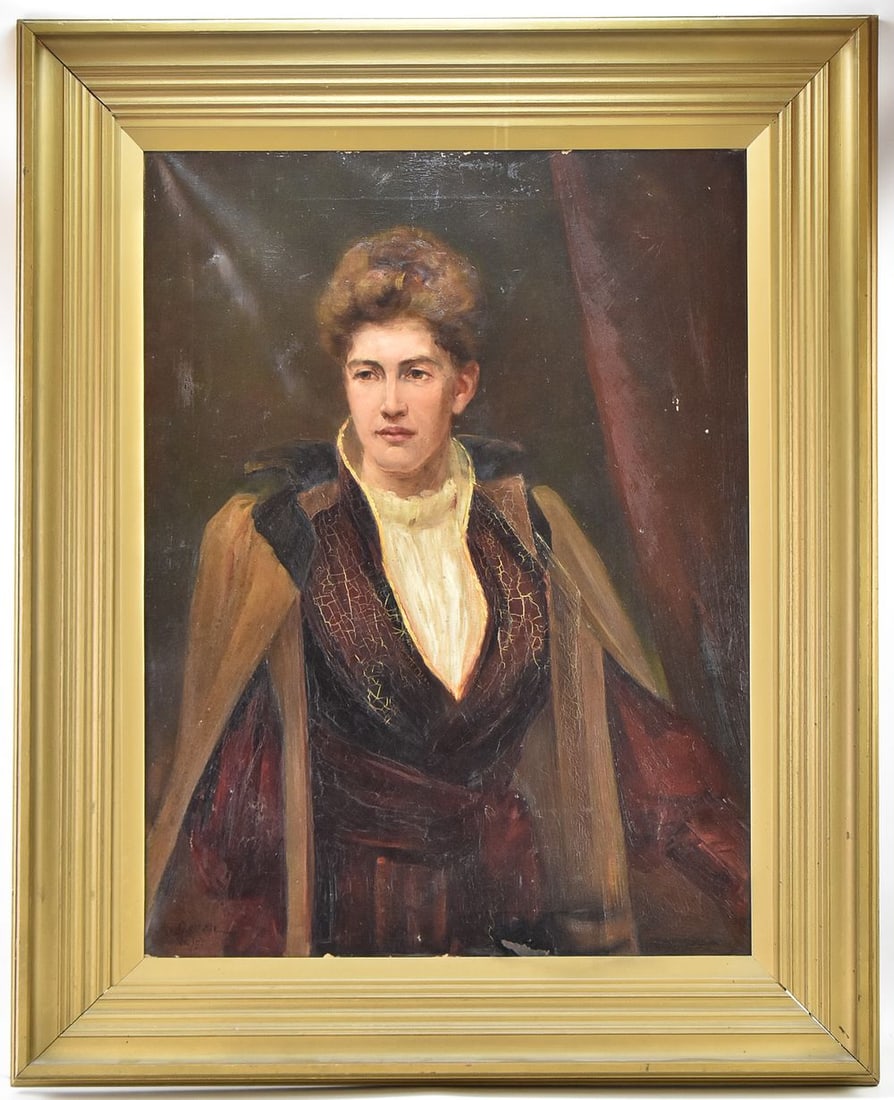 MILDRED PALMER OIL PORTRAIT BY M. GOVAN: Original oil portrait depicting Mildred Palmer on canvas by artist, M. Govan, signed lower right, dated 1906/41. Art measures 35.5" H x 26.5" W presented in a frame measuring 47" H x 37" W x 5" D.