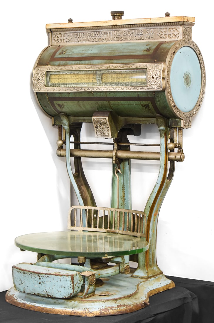 COMPUTING SCALE COMPANY BARREL SCALE: A Computing Scale Company (Dayton, OH) barrel scale with an original glass plate, circa 1900. The item measures approx. 33" H x 19" W x 19" D.