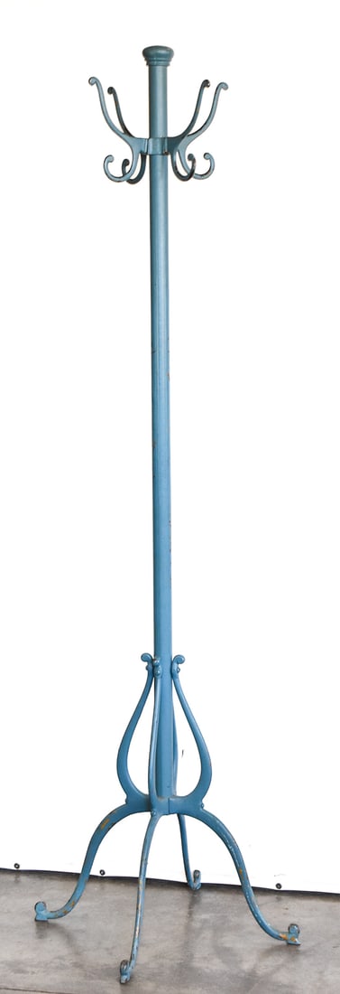 VICTORIAN STYLE BLUE-PAINTED METAL COAT RACK: A Victorian style blue-painted metal coat rack with four arms, from early-mid 20th century. The item measures approx. 70.5" H x 23" W x 23" D.
