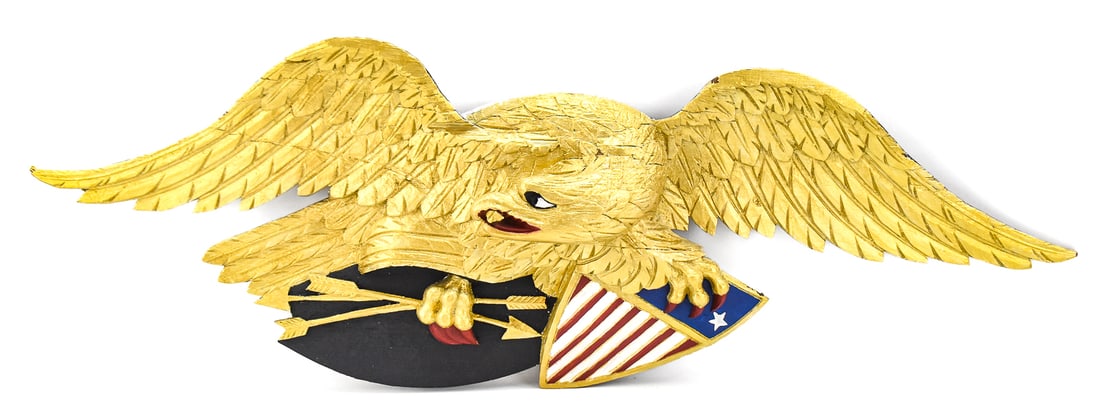 AMERICAN FEDERAL REVIVAL BELLAMY-STYLE 'LOUISBURG' EAGLE WALL PLAQUE: An American Federal Revival pine Bellamy-style 'Louisburg' model eagle plaque, from the mid-20th century. The item measures approx. 15" H x 45" W x 5" D.